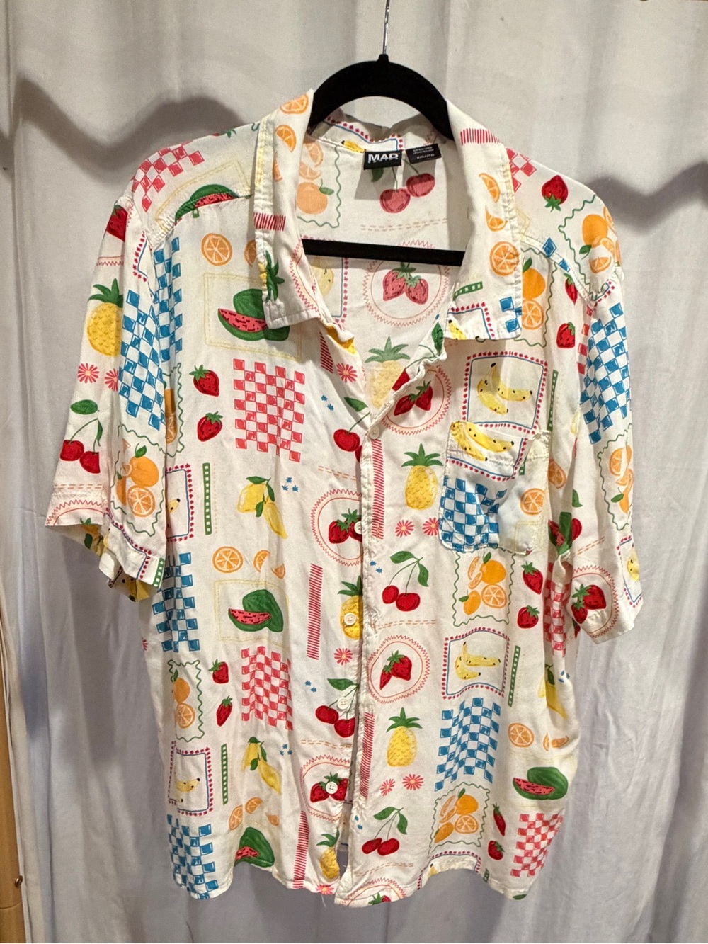 MAD Engine White Short-Sleeve Button-Down Shirt with Multicolor Fruit Print
